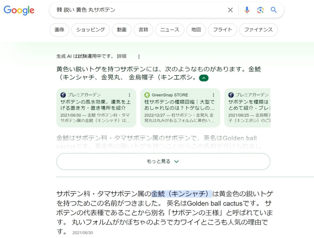 「棘　鋭い　黄色　丸サボテン」で検索した時の、Googleの検索結果